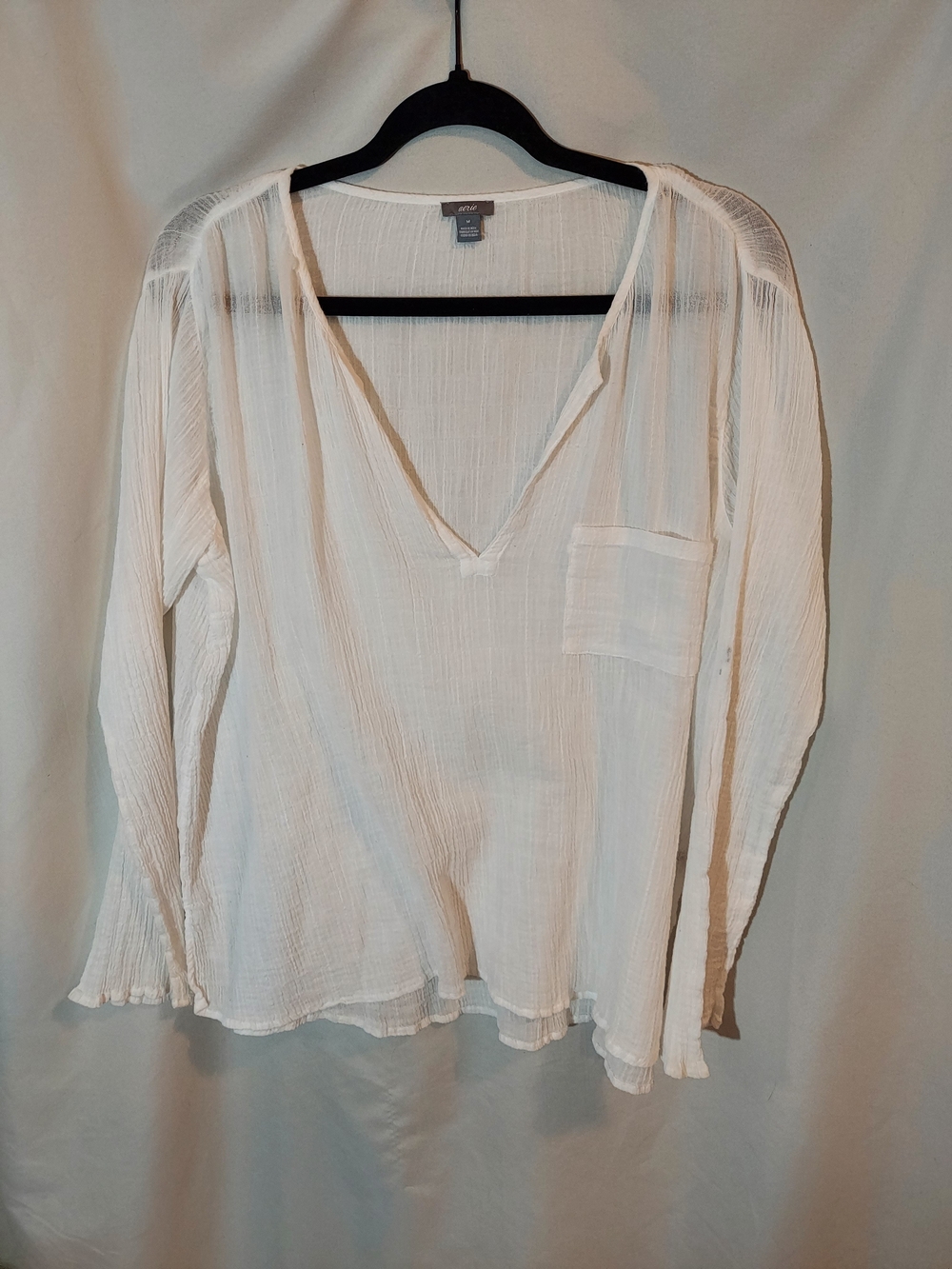 Aerie White Beachy Coastal Gauze V-Neck Long Sleeve Pocket Top M